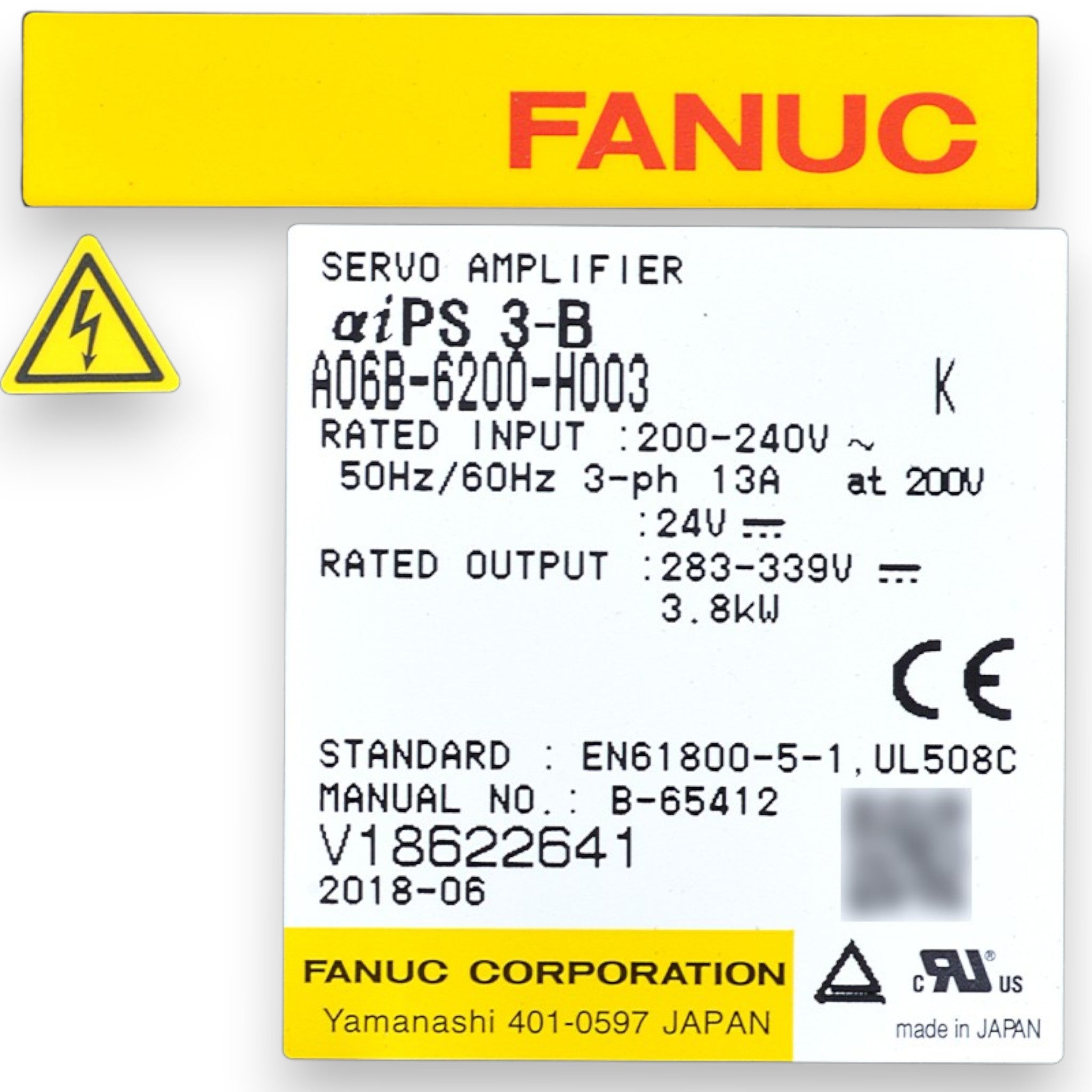 JJAutomation Fanuc αiPS 3-B power supply module label showing model A06B-6200-H003 and technical specifications