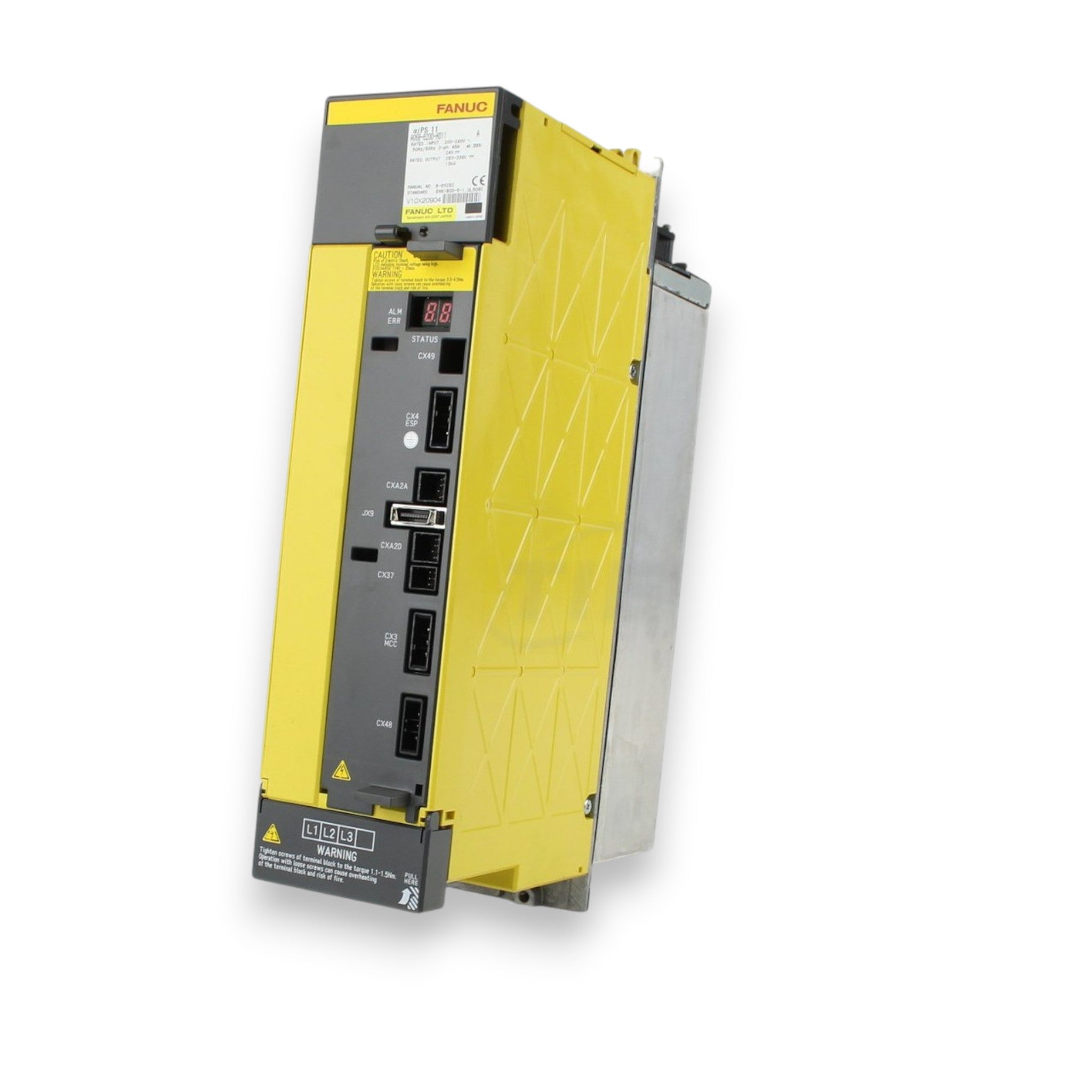JJAutomation Fanuc alpha-iPS 11-B power supply module A06B-6200-H011 with yellow casing and CNC interface ports