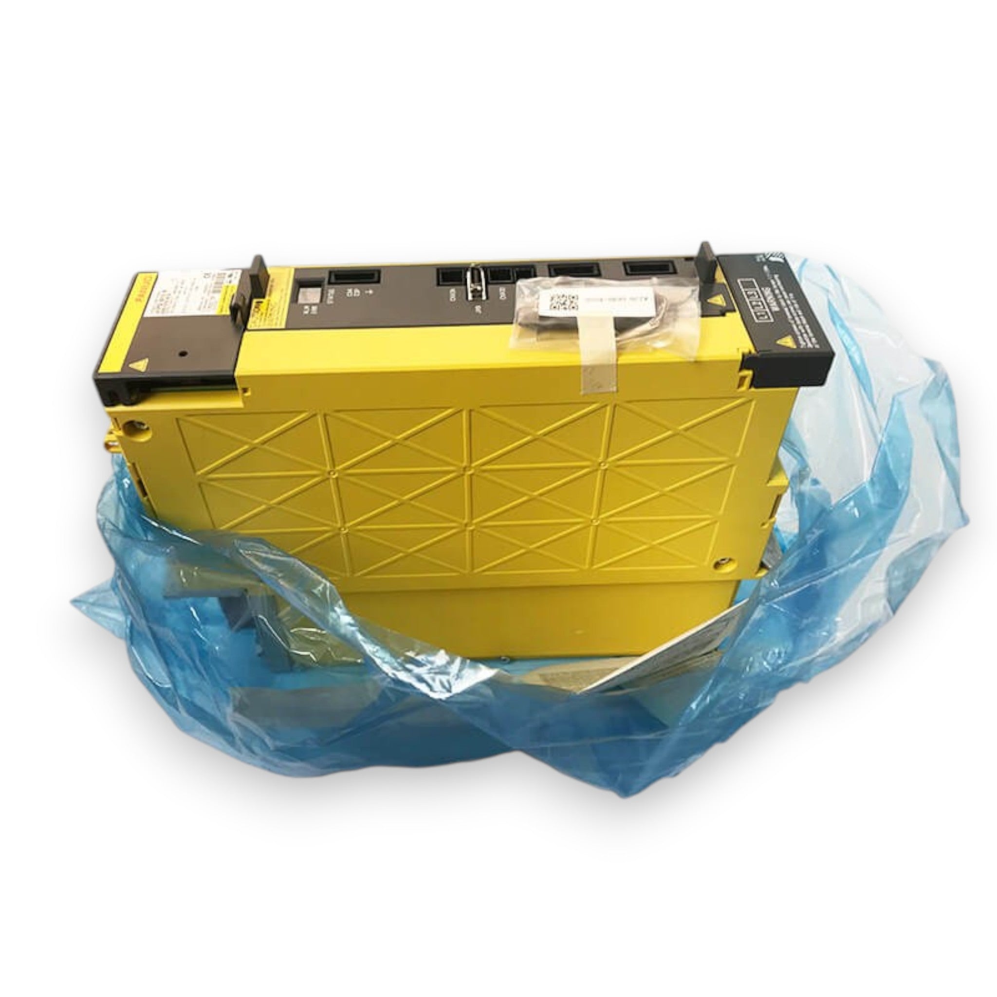 JJAutomation Fanuc alpha iPS 18HV-B power supply module in yellow casing with protective blue plastic packaging