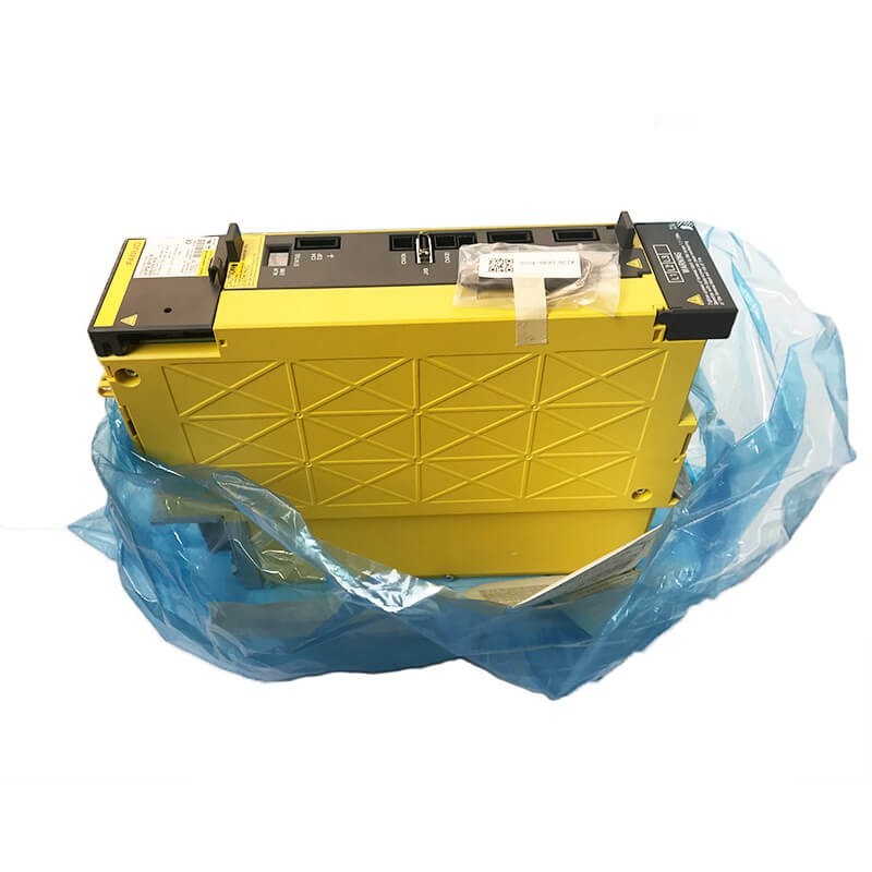 JJAutomation Fanuc alpha iPSs 18HV-B power supply module in yellow casing with black ports and blue protective film.