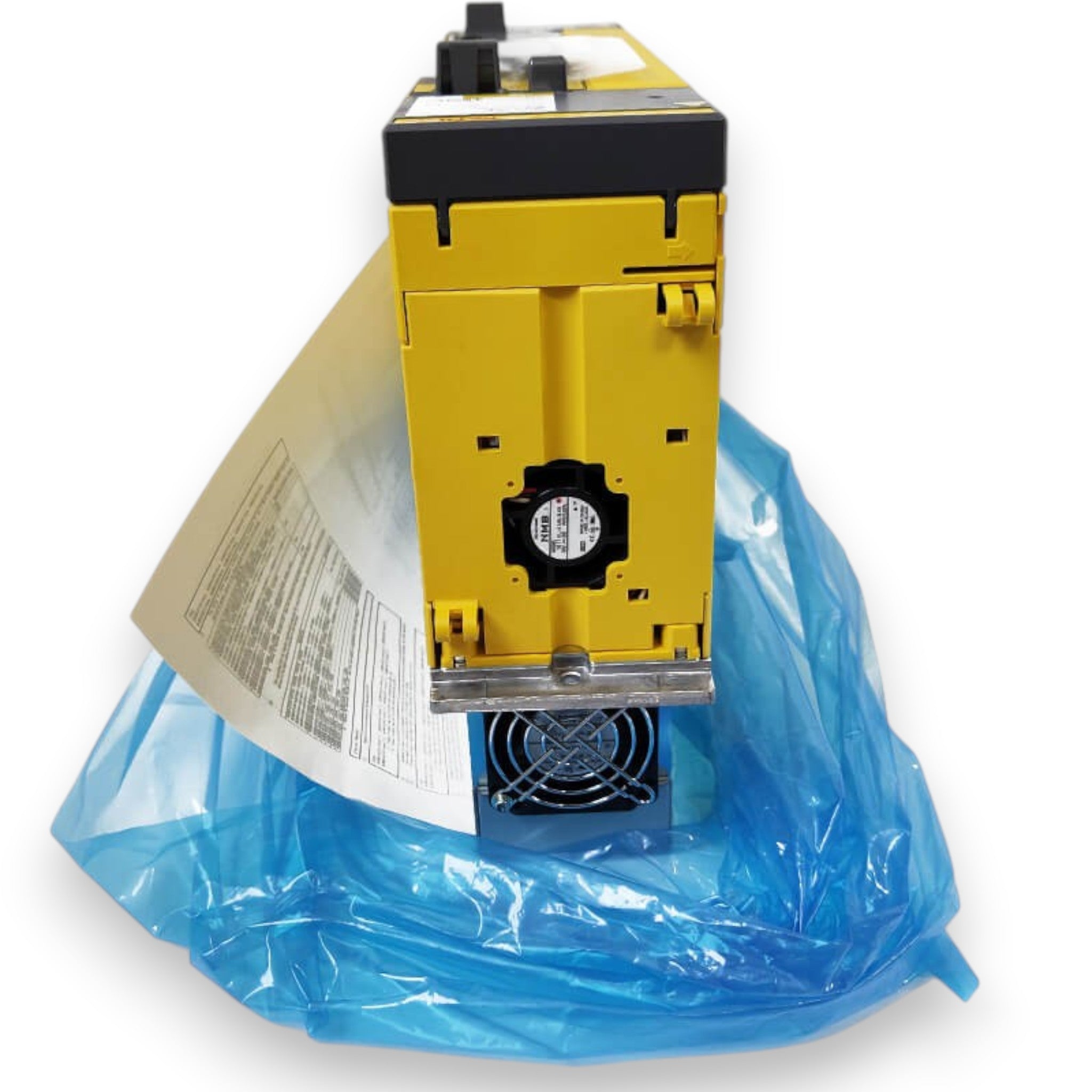 JJAutomation Fanuc αiPSs 15-B power supply module with yellow casing and cooling fans on a white background
