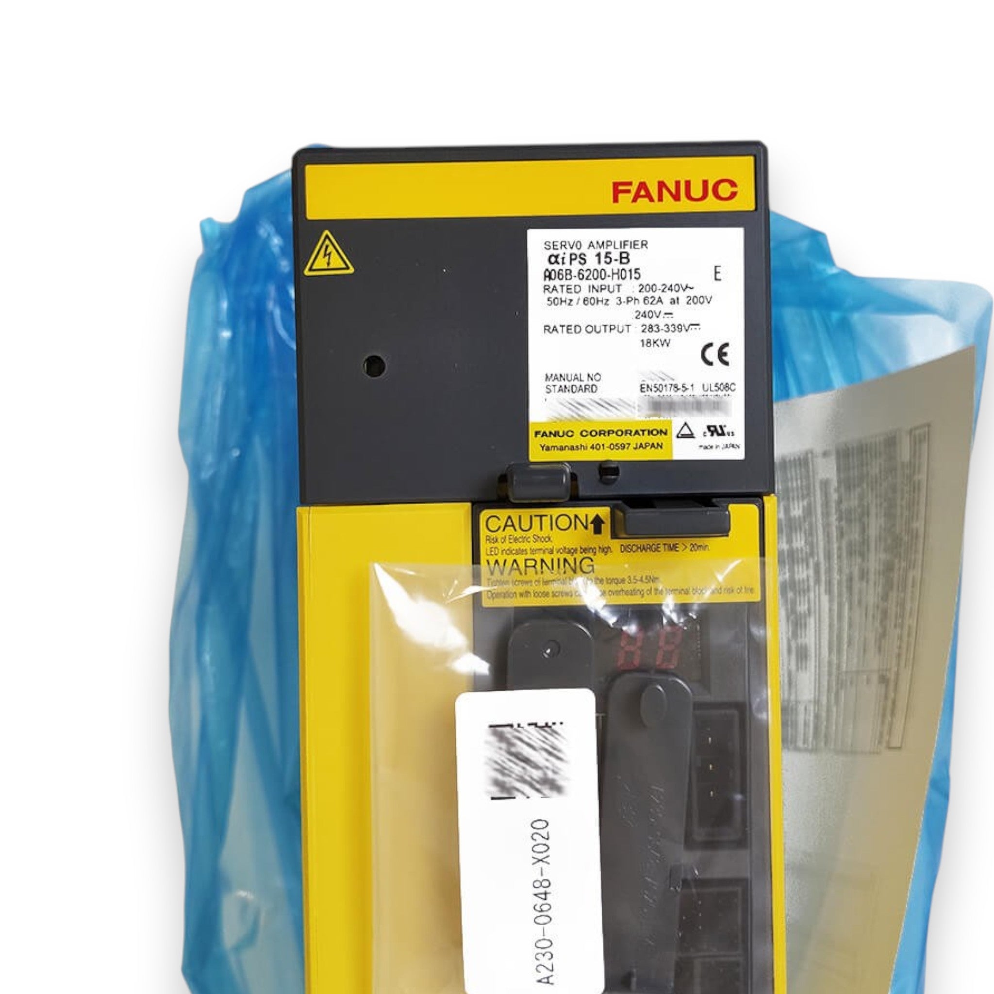 JJAutomation Fanuc alpha iPS 15-B power supply module A06B-6200-H015 with yellow casing and warning labels