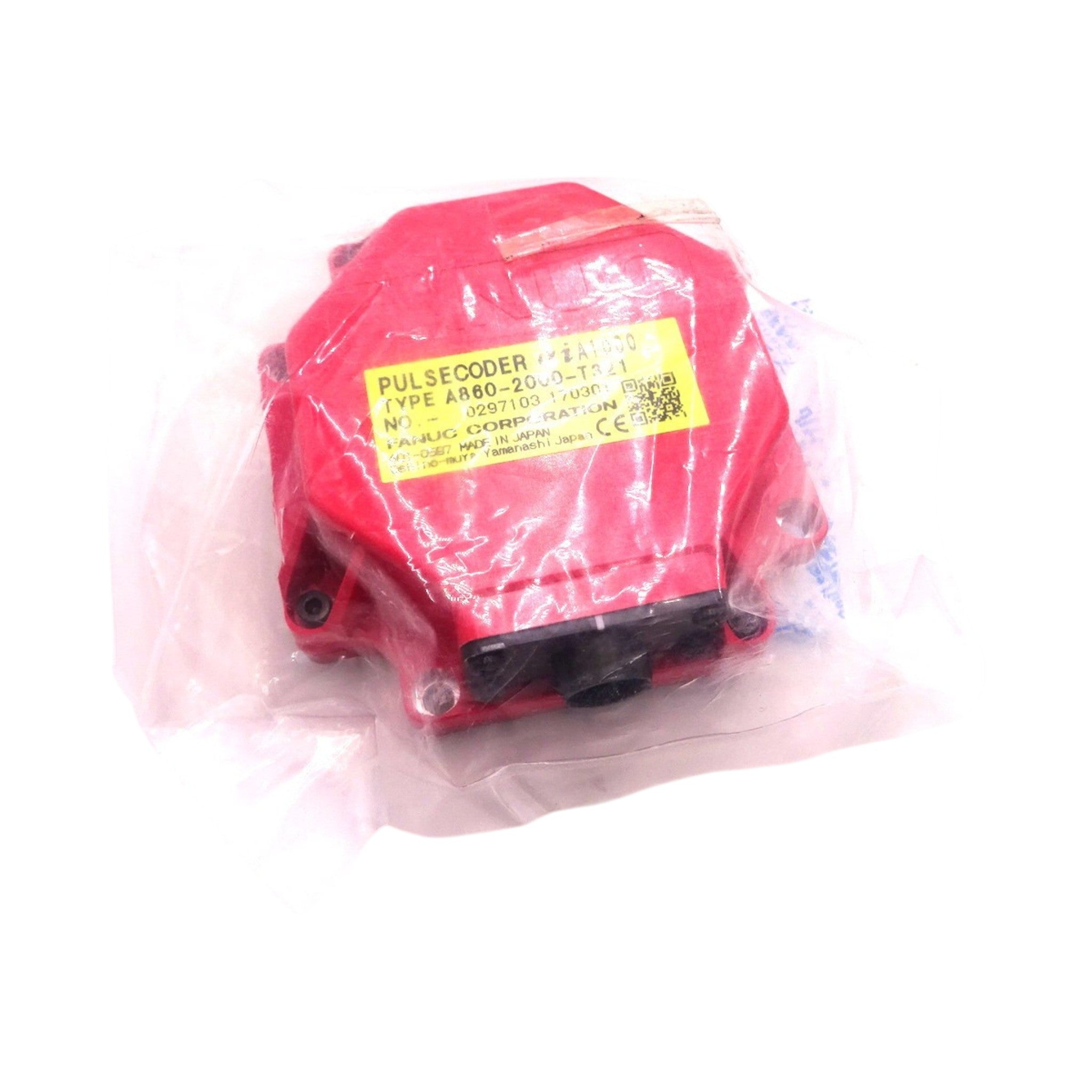 JJAutomation Fanuc A860-2000-T321 pulse coder in red housing with yellow label, sealed in protective plastic packaging.