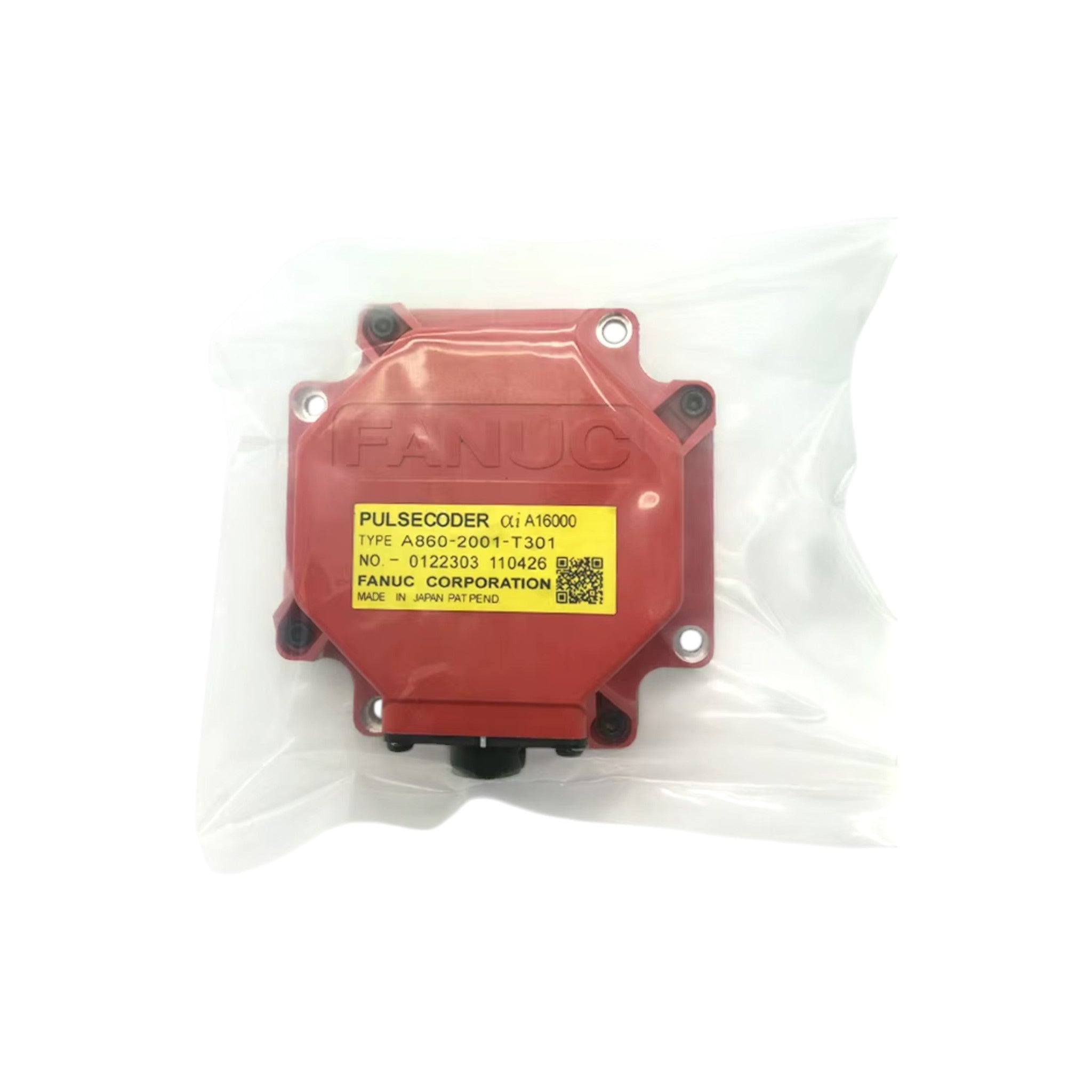JJAutomation Fanuc A860-2001-T301 pulse coder with red casing and yellow identification label in protective packaging
