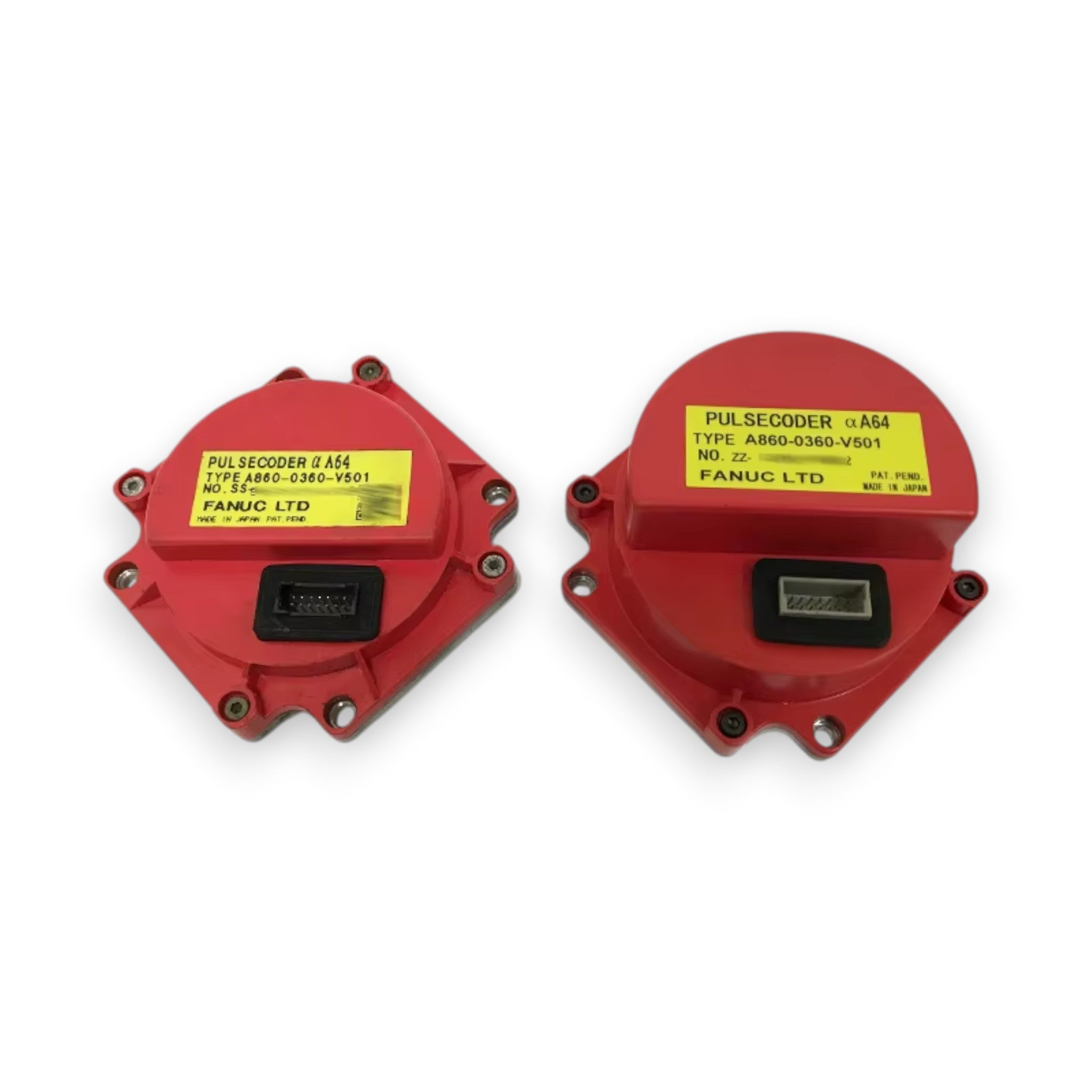 JJAutomation Fanuc pulse coder units showing short and high profile specifications for Alpha series servo motors