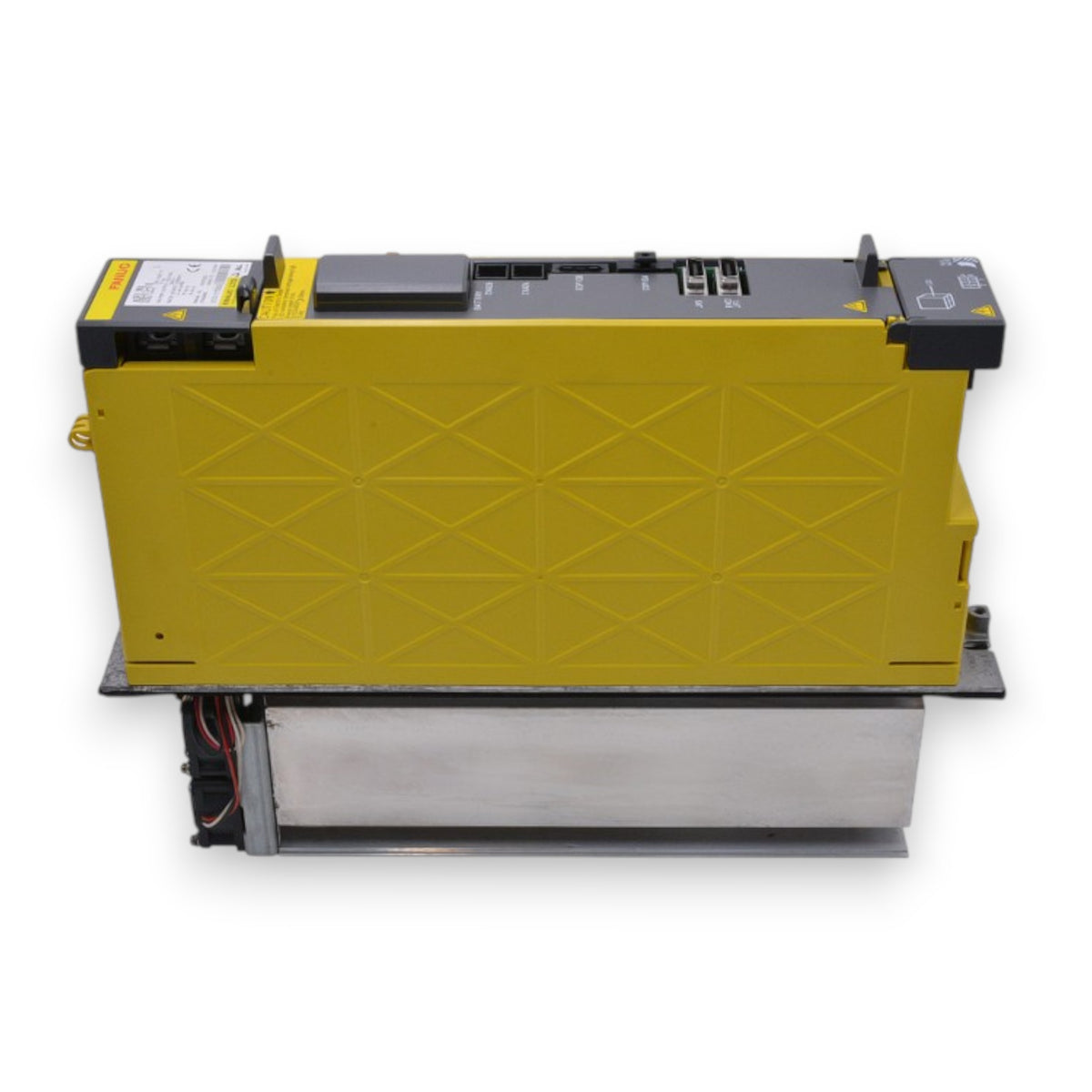 JJAutomation FANUC A06B-6114-H106 servo amplifier module with yellow casing and metal heat sink for CNC machines