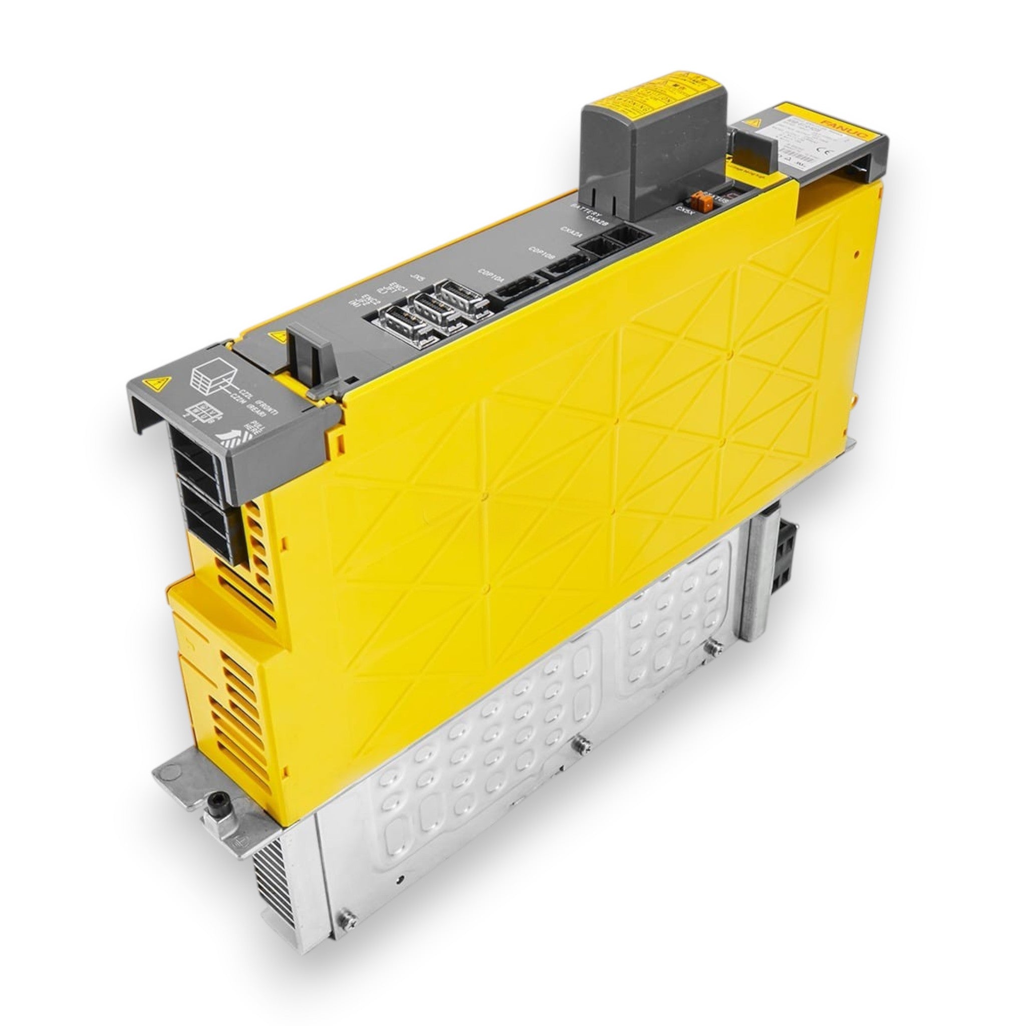 JJAutomation Fanuc A06B-6114-H208 Alpha i 2-axis servo amplifier module with yellow casing and integrated heatsink.