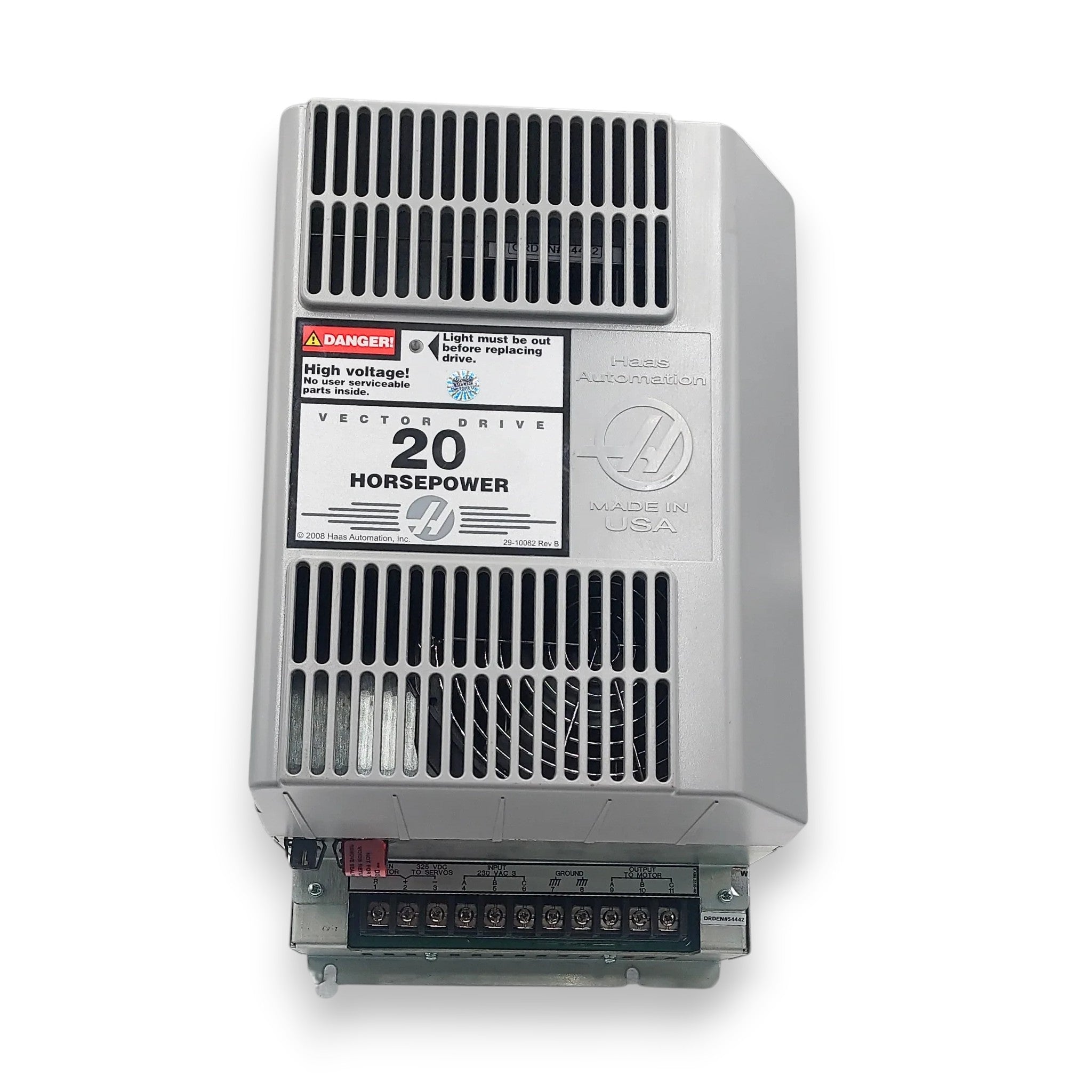 JJAutomation Haas 20 HP Vector Drive spindle inverter for CNC machines with high voltage warning label