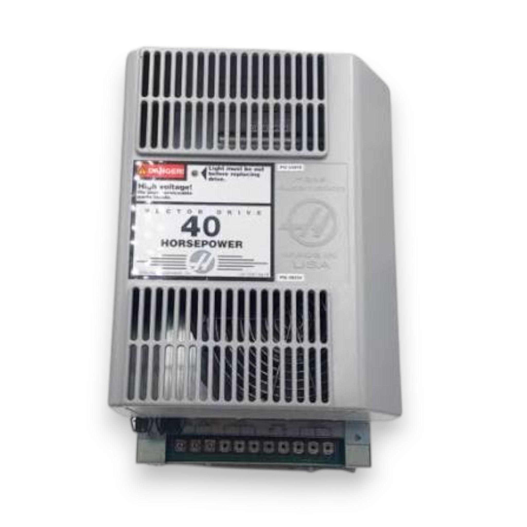 JJAutomation Haas 40 HP Vector Drive spindle inverter for CNC machines with warning labels and cooling vents