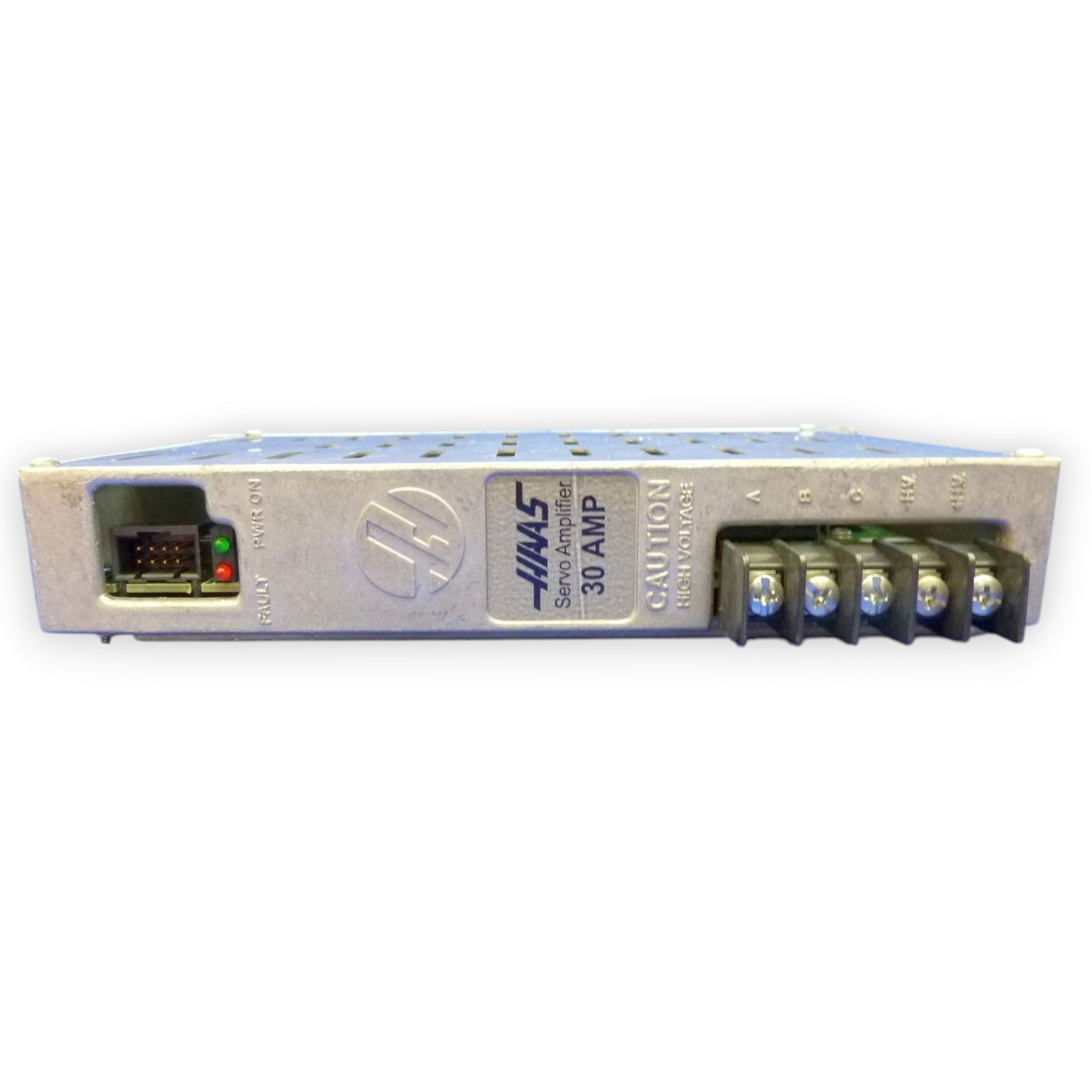 JJAutomation Haas 30A brushless servo axis amplifier with status LEDs and terminal block for CNC machine repair