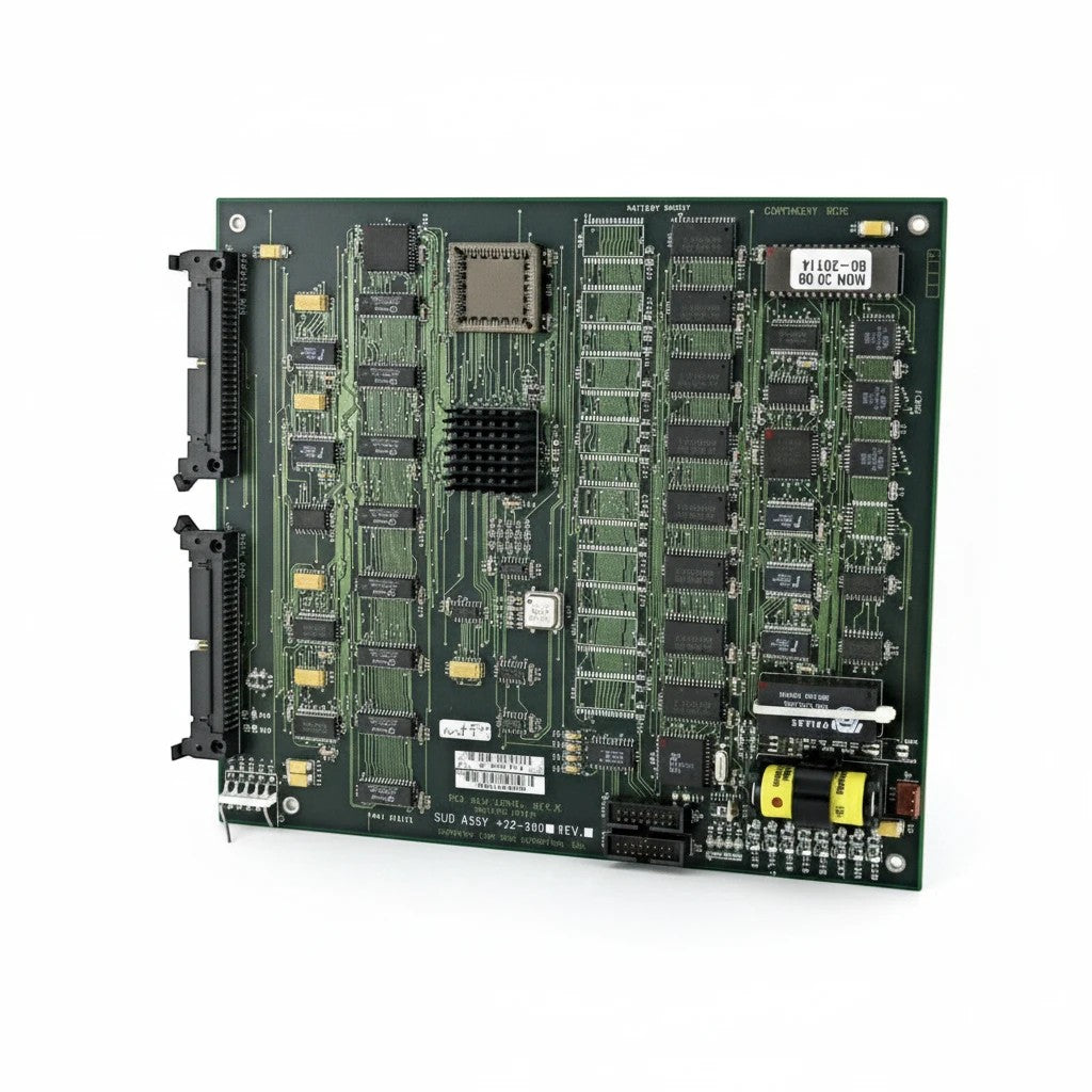 JJAutomation industrial green PCB with integrated circuits, memory chips, and ribbon cable connectors for control systems
