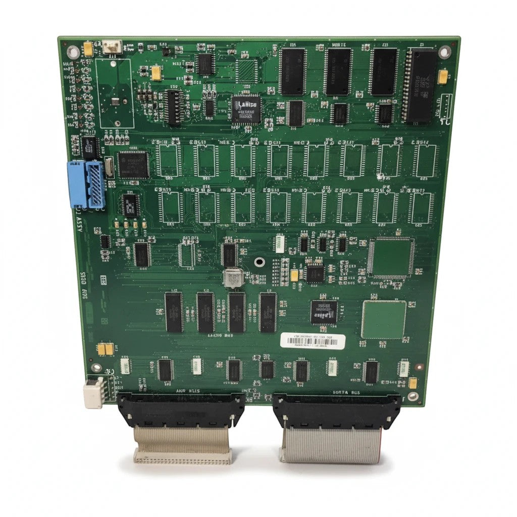 JJAutomation industrial green PCB assembly with integrated circuits, memory chips, and ribbon cable connectors.