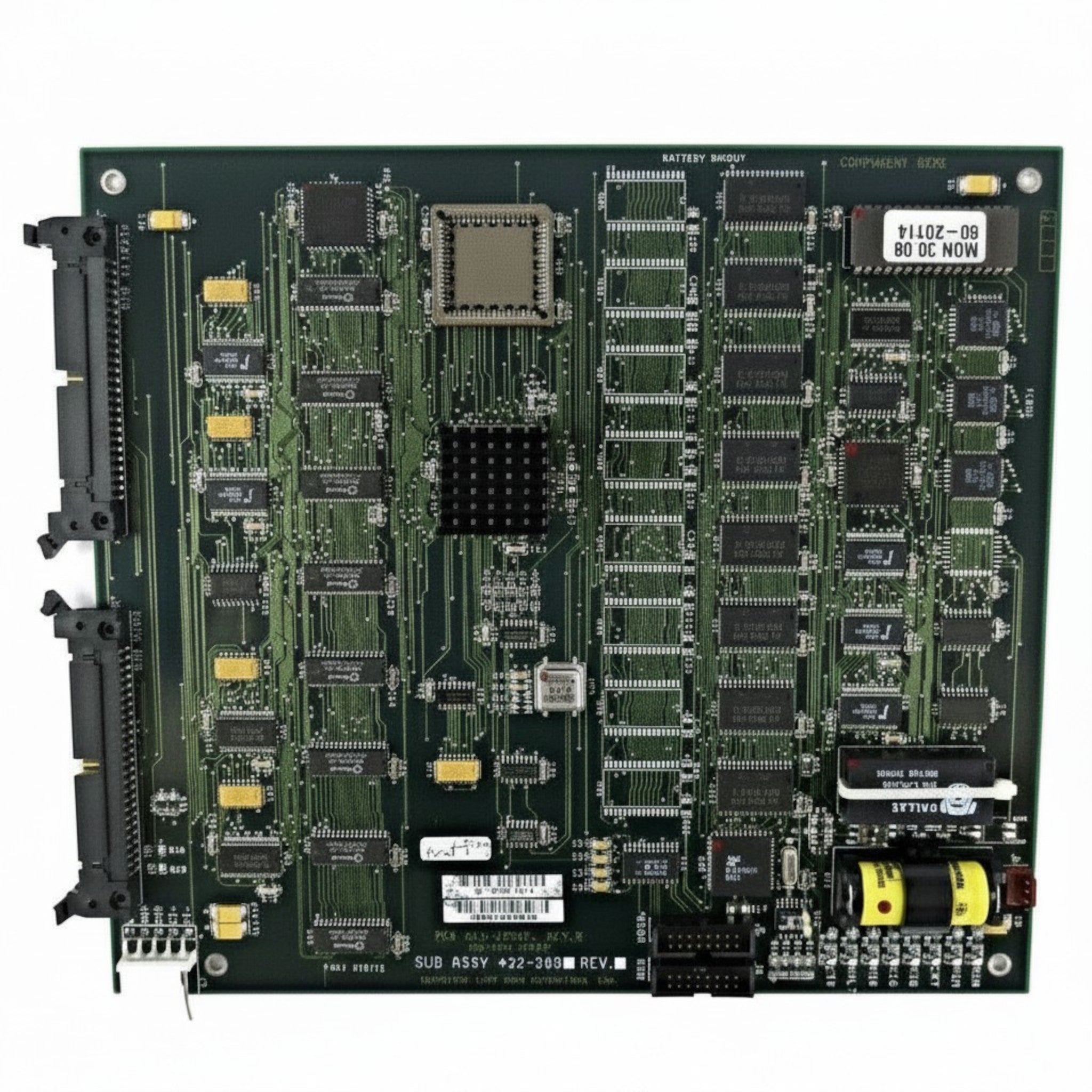 JJAutomation green industrial printed circuit board with integrated circuits, memory chips, and battery backup.