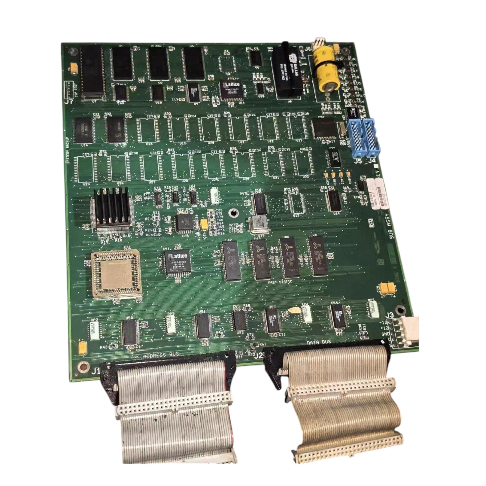 JJAutomation industrial green PCB with Lattice and Dallas Semiconductor chips, ribbon cables, and battery backup.