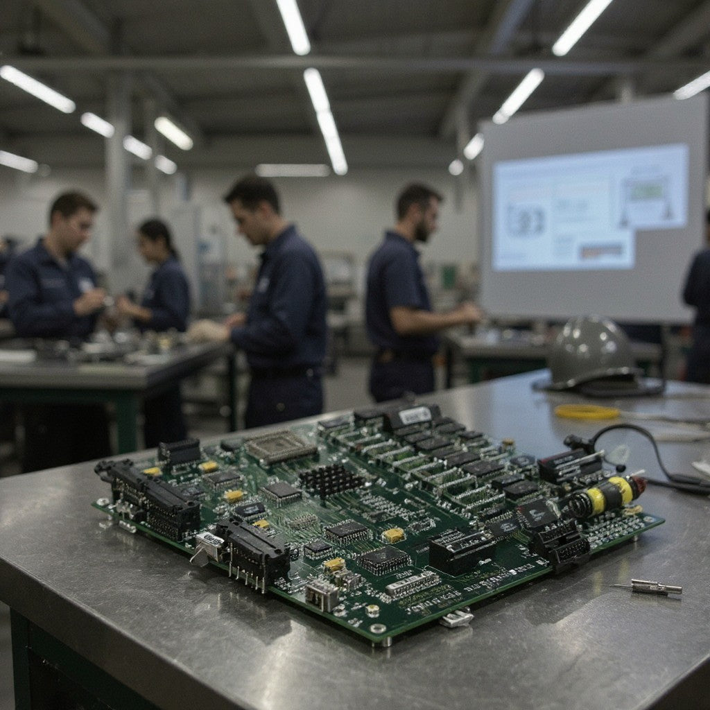 JJAutomation industrial green PCB with integrated circuits and connectors on a workshop table with technicians behind.