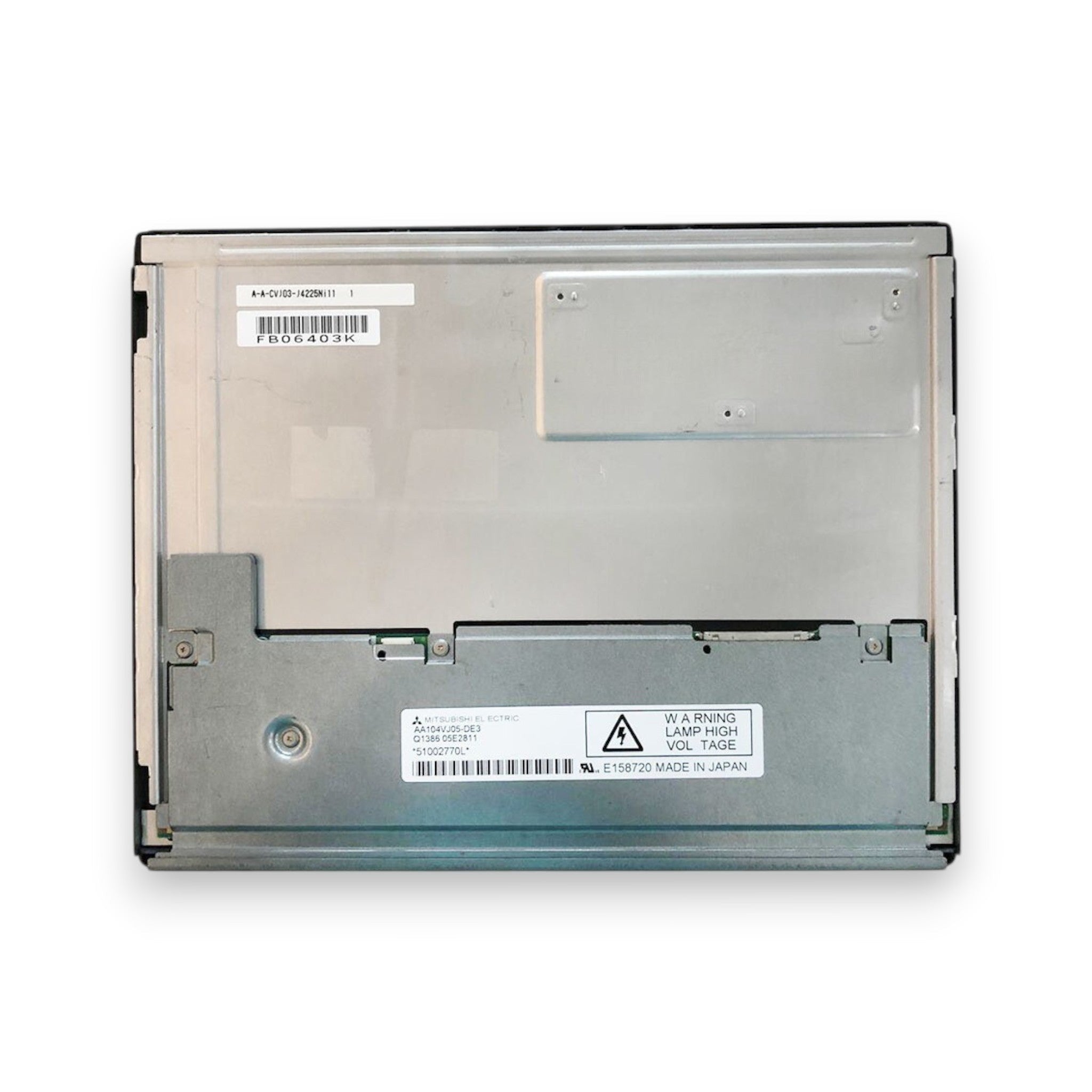 JJAutomation Mitsubishi AA104VJ05-DE3 LCD display unit for CNC machines showing the metal back panel and labels.