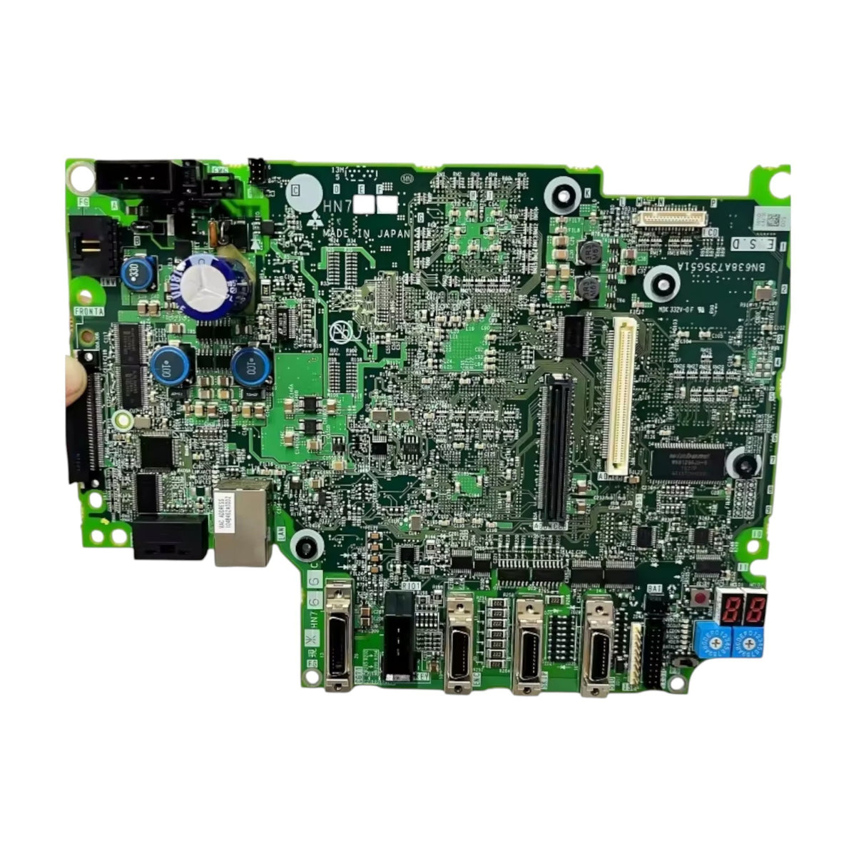 JJAutomation Mitsubishi M70 main control card HN765 featuring green circuit board with ports and electronic components