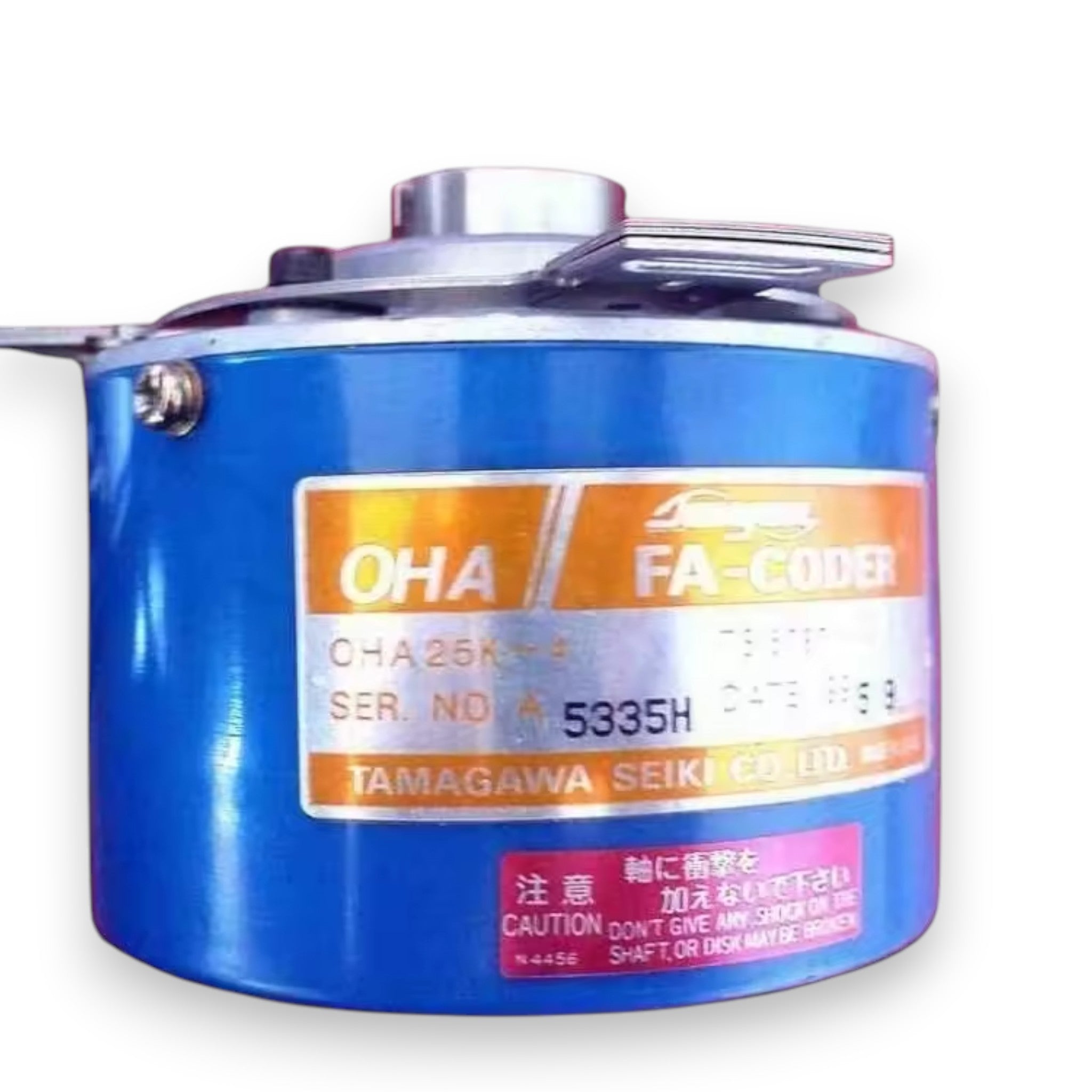 JJAutomation Mitsubishi OHA25K rotary encoder with blue cylindrical housing and technical specification label