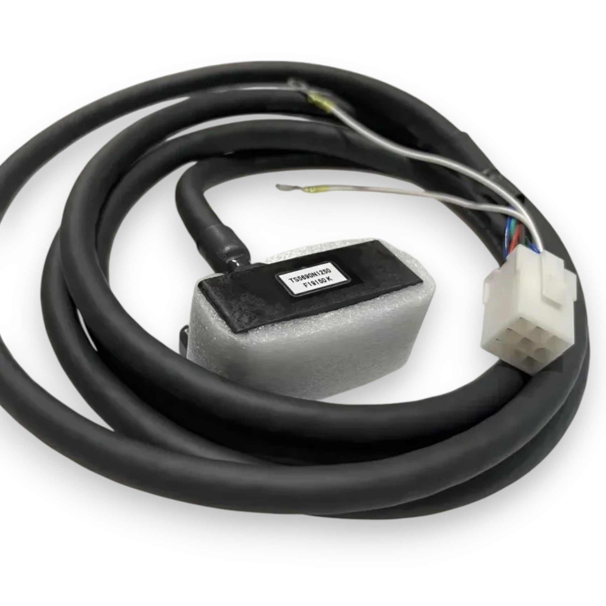 JJAutomation Mitsubishi TS5691 serial spindle encoder with black cable, sensor unit, and white connector plug.