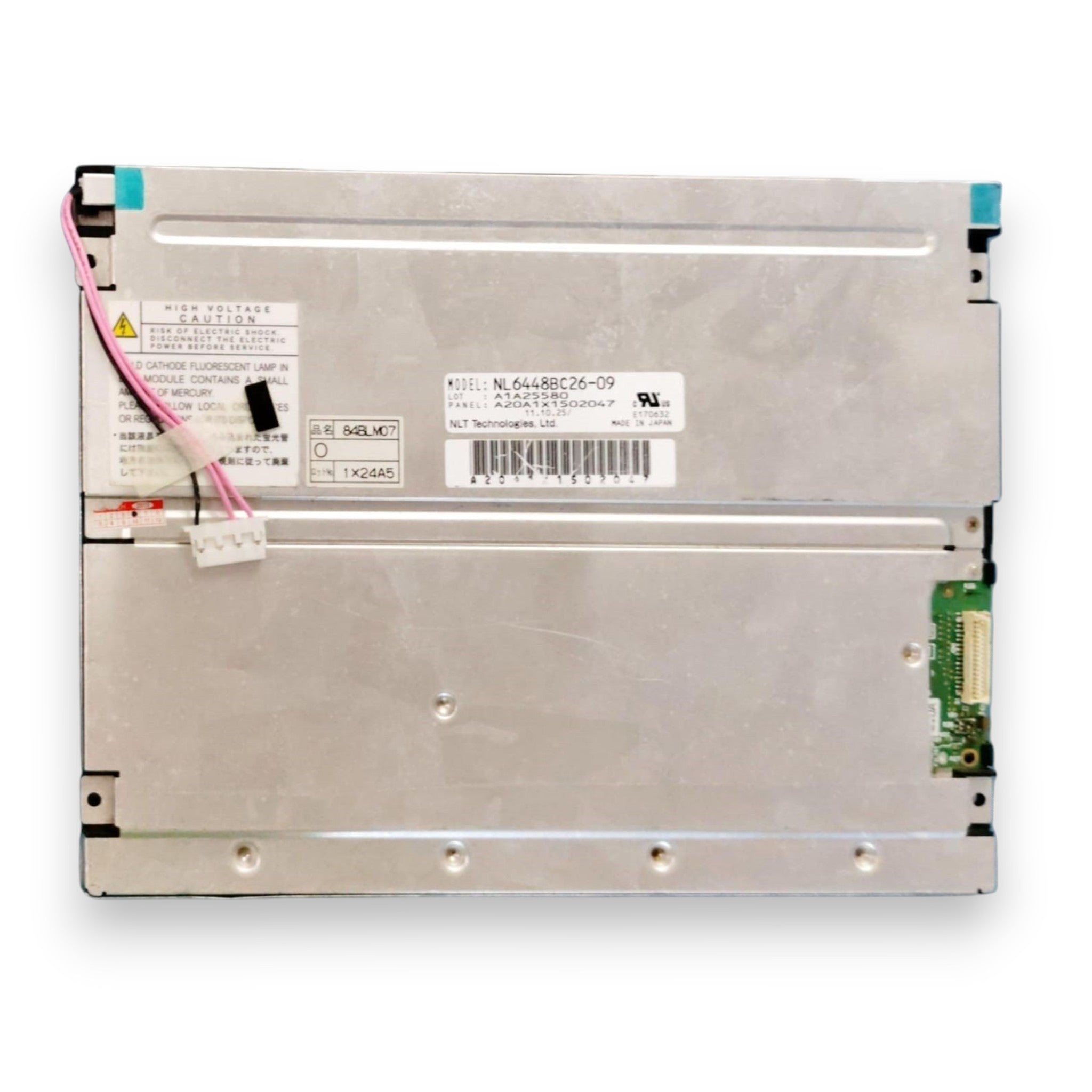 JJAutomation NEC NL6448BC26-09 8.4-inch industrial TFT LCD bare panel, rear view showing labels and connectors.