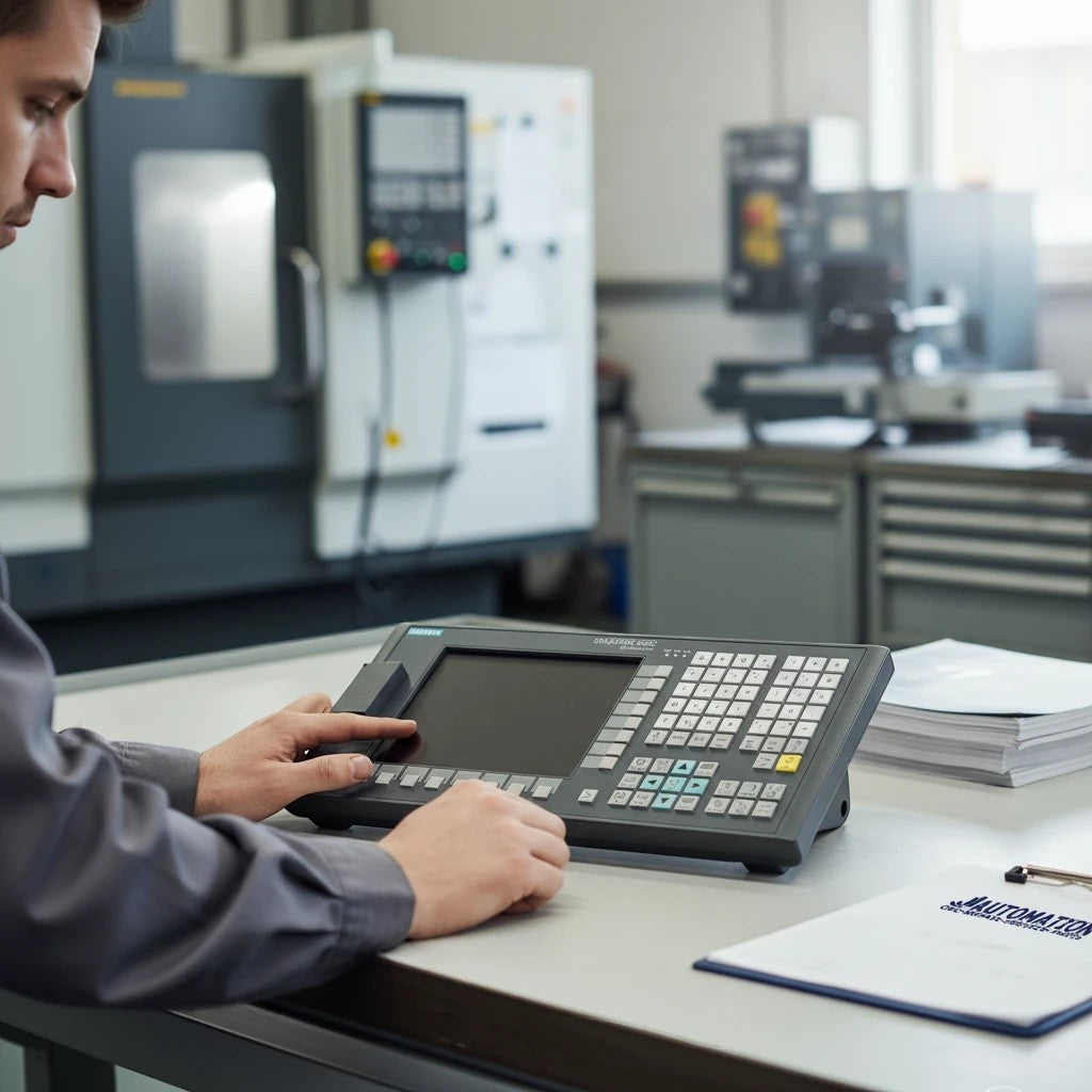 JJAutomation technician operating a Siemens SINUMERIK 808D Advanced PPU 161.3 CNC lathe control panel in a workshop.