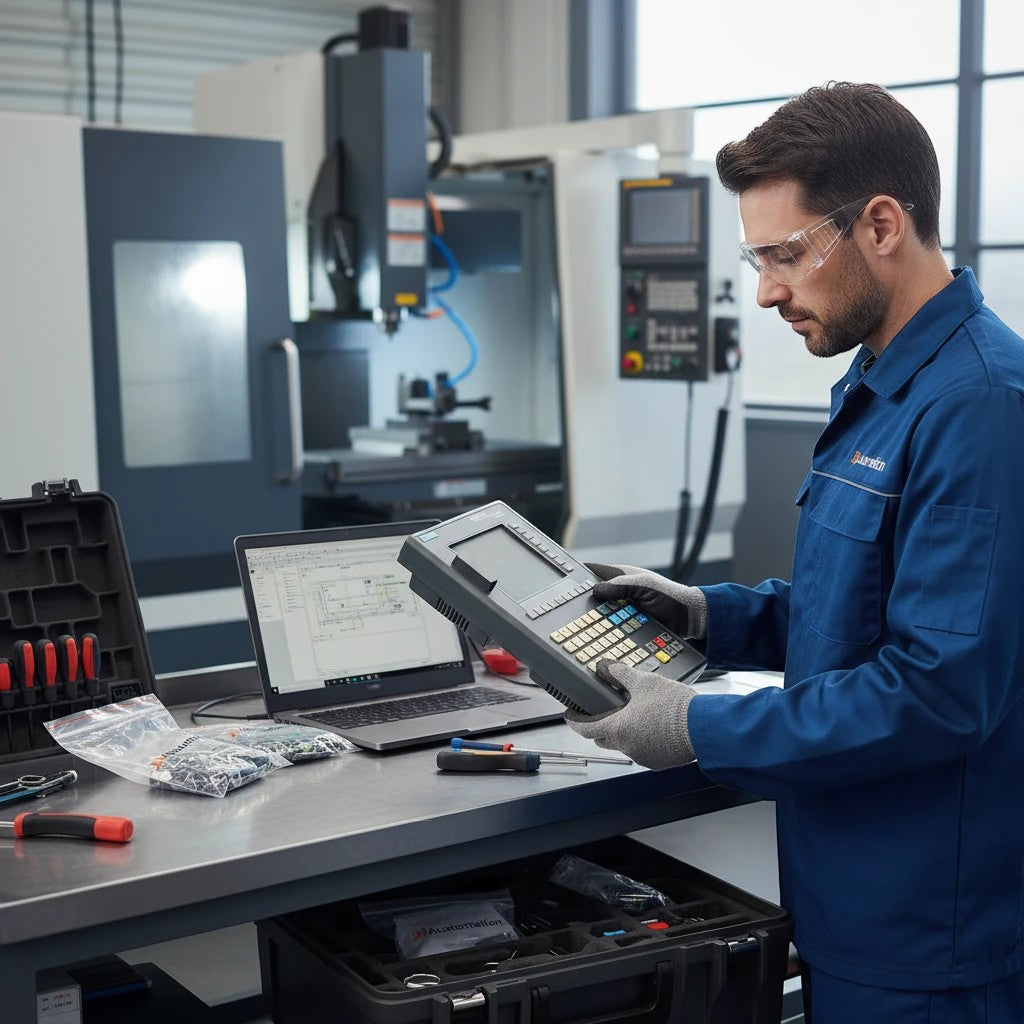 Technician from JJAutomation inspecting a Siemens Sinumerik 808D CNC display unit in a manufacturing workshop.