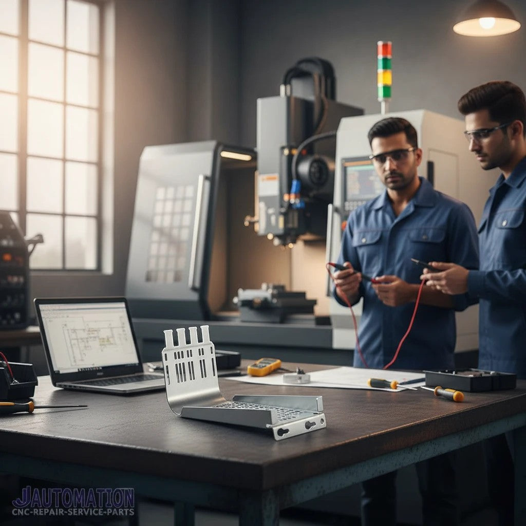 JJAutomation SINAMICS shield connection plate 6SL3162-1AD00-0AA0 on a workbench with technicians in a factory.
