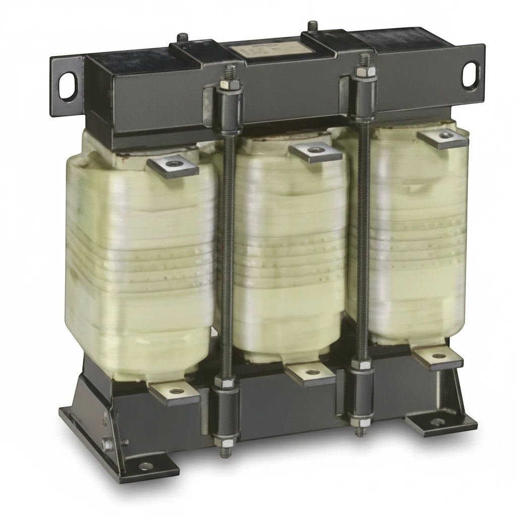 JJAutomation three-phase industrial line reactor with copper windings and black metal frame for VFD protection.
